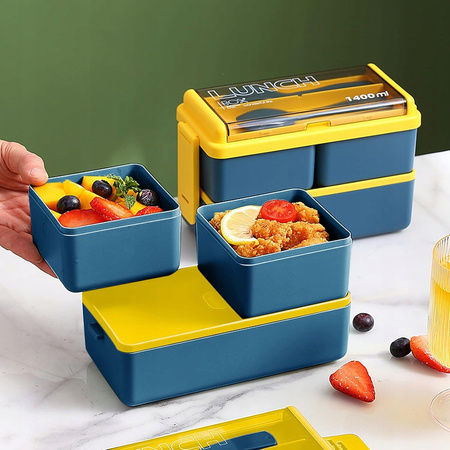 POJEMNIK NA JEDZENIE ŚNIADANIE PIĘTROWY SZCZELNY LUNCH BOX 1400ML + SZTUĆCE