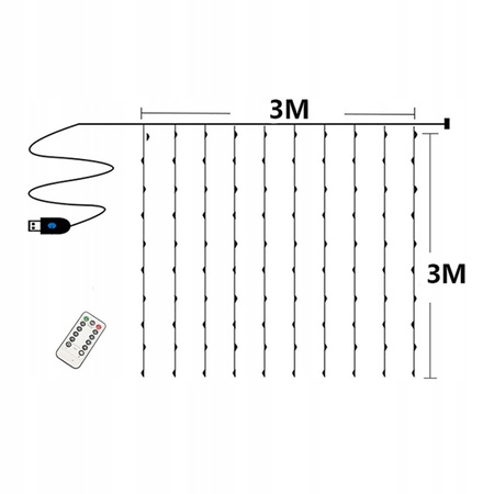  LAMPKI KURTYNA ŚWIETLNA 300 LED GIRLANDA USB PILOT DRUCIK 3x3m BIAŁY ZIMNY