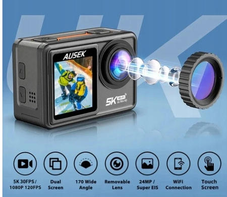 Kamera sportowa Ausek 5K UHD ekran przedni niesprawny, pełna funkcjonalność
