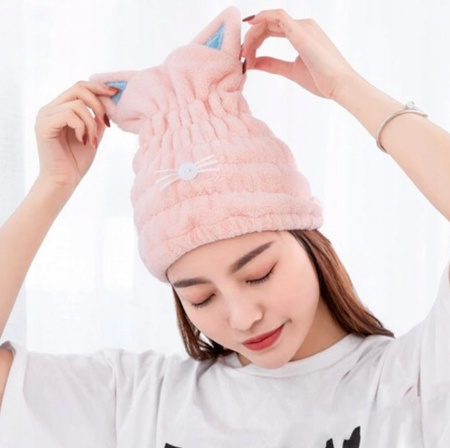 Turban ręcznik do suszenia włosów kotek zestaw 2szt różowy i niebieski