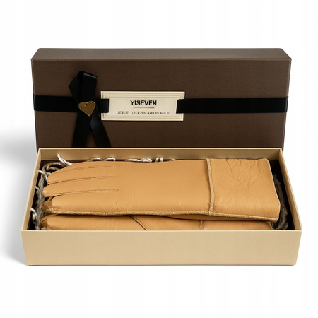 YISEVEN RĘKAWICZKI DAMSKIE JASNY BRĄZ OWCZA SKÓRA ROZM S