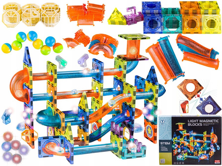 ŚWIECĄCY KULODROM, KLOCKI MAGNETYCZNE, TOR DLA KULEK, 110 ELEMENTÓW