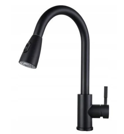 Bateria kuchenna czarna z wyciąganą wylewką, przełącznik zmiany ciśnienia