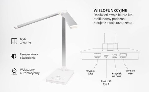 LAMPA PODWÓJNA KREŚLARSKA BIURKOWA, LED BIAŁA POŁĄCZENIE USB