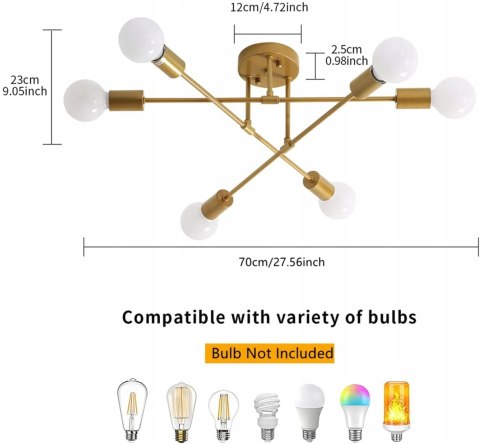 LAMPA WISZĄCA VINTAGE ŻYRANDOL 6 żarówek E27 ZŁOTA