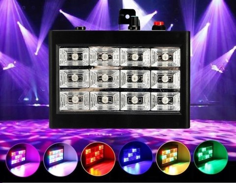 KOLOROFON STROBOSKOP DISCO 3 KOLORY REFLEKTOR 12 LED RGB CZUJNIK DŹWIĘKU