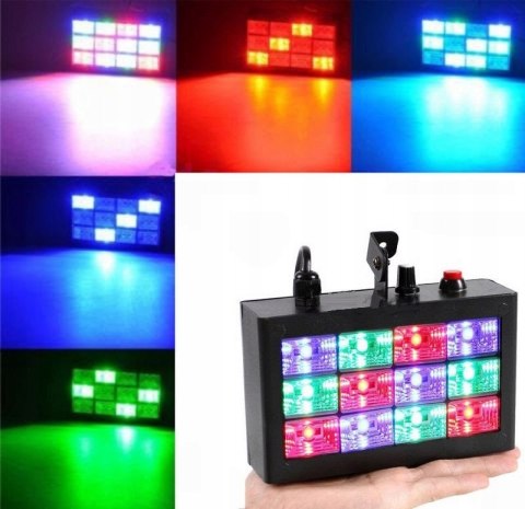 KOLOROFON STROBOSKOP DISCO 3 KOLORY REFLEKTOR 12 LED RGB CZUJNIK DŹWIĘKU