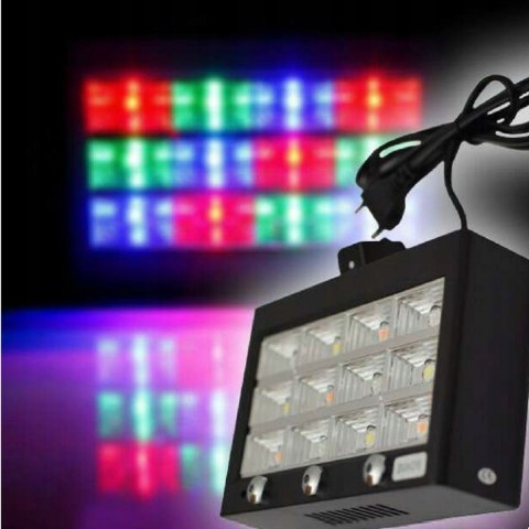 KOLOROFON STROBOSKOP DISCO 3 KOLORY REFLEKTOR 12 LED RGB CZUJNIK DŹWIĘKU