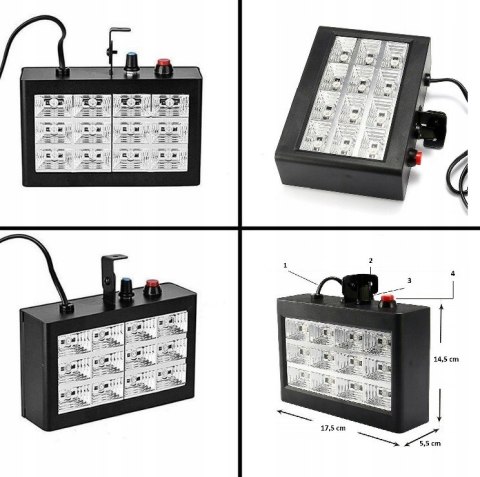 KOLOROFON STROBOSKOP DISCO 3 KOLORY REFLEKTOR 12 LED RGB CZUJNIK DŹWIĘKU