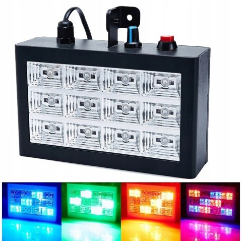 KOLOROFON STROBOSKOP DISCO 3 KOLORY REFLEKTOR 12 LED RGB CZUJNIK DŹWIĘKU