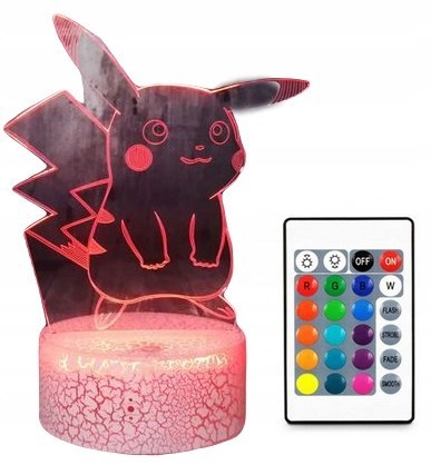 LAMPKA NOCNA 3D LED POKEMON PIKACHU ASH 16 KOLORÓW K+ PILOT