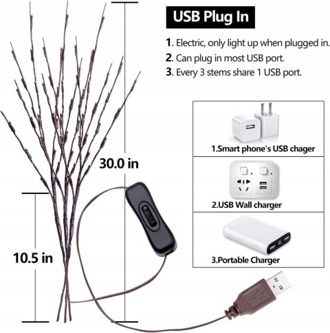 3 x Gałązka 20 LAMPEK LED 70 cm USB Do Wazonu ŚWIĄTECZNE Gałązki