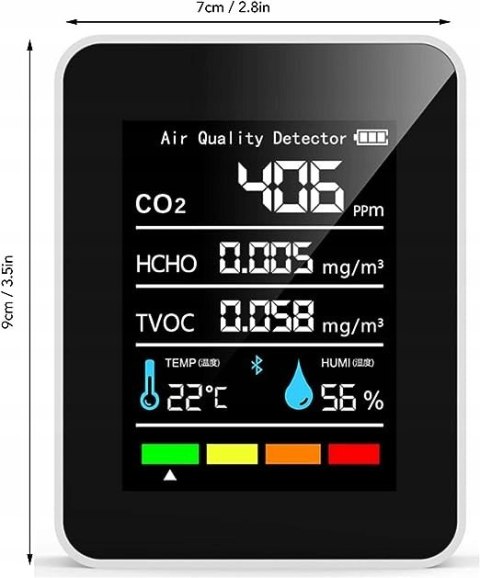 CZUJNIK CZADU I GAZU DETEKTOR JAKOŚCI POWIETRZA CO2 PPM WILGOTNOŚĆ TEMP 5W1