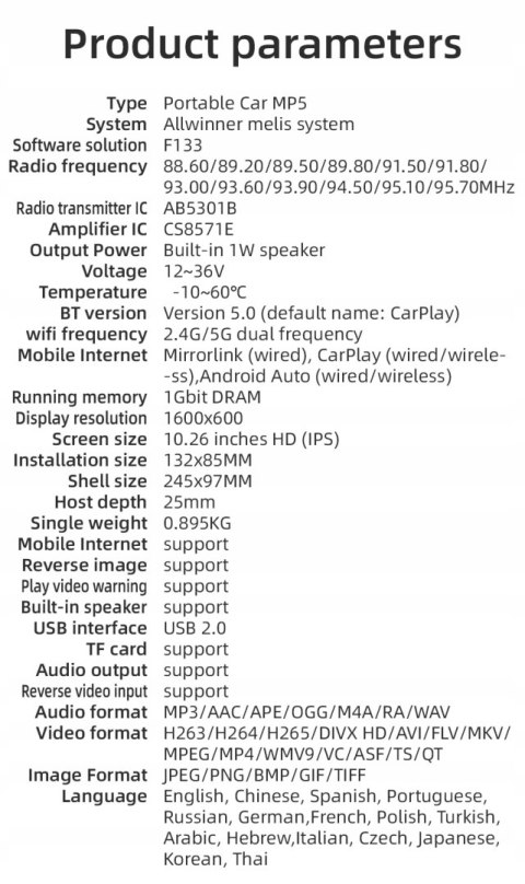 Uniwersalny ekran Multimedia radiowe Carplay Android kamera cofania+128Gb