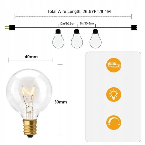 GIRLANDA ŚWIETLNA OGRODOWA 8M 25 ŻARÓWEK LAMPKI OGRODOWE ZEWNĘTRZNA PRĄD