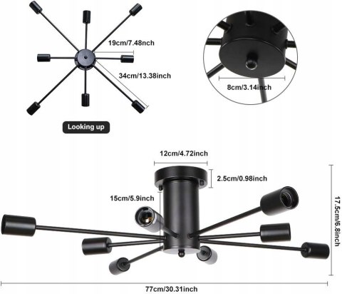 8 świateł nowoczesny żyrandol Sputnik czarny industrialny żyrandol E27