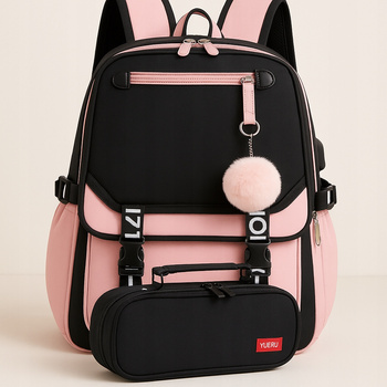 Plecak czarno różowy szkolny + piórnik gratis