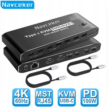 Przełącznik KVM 2x2 4K 60Hz 4 USB C RJ45 PD typ C do 2 laptopy i 2 monitory